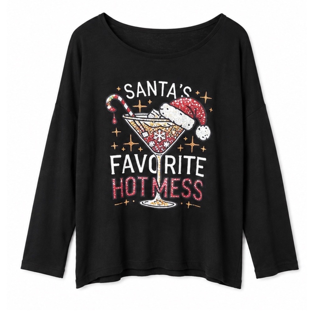 Santas Favorite Hot Mess Christmas Graphic Long Sleeve Tee‎ Black Holiday Party